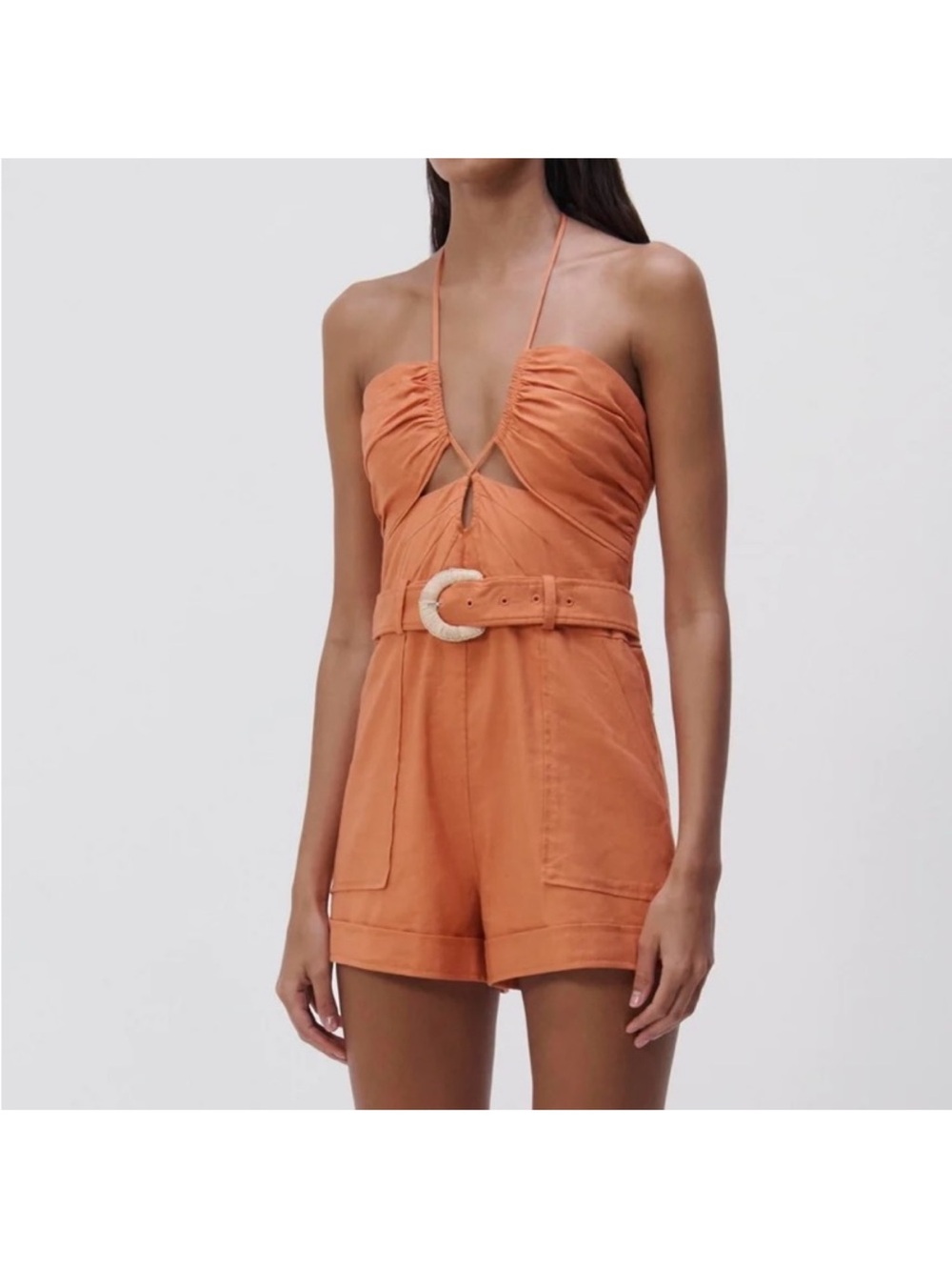 Jonathan Simkhai Harvey Romper terracotta orange Linen blend Halter neck 2